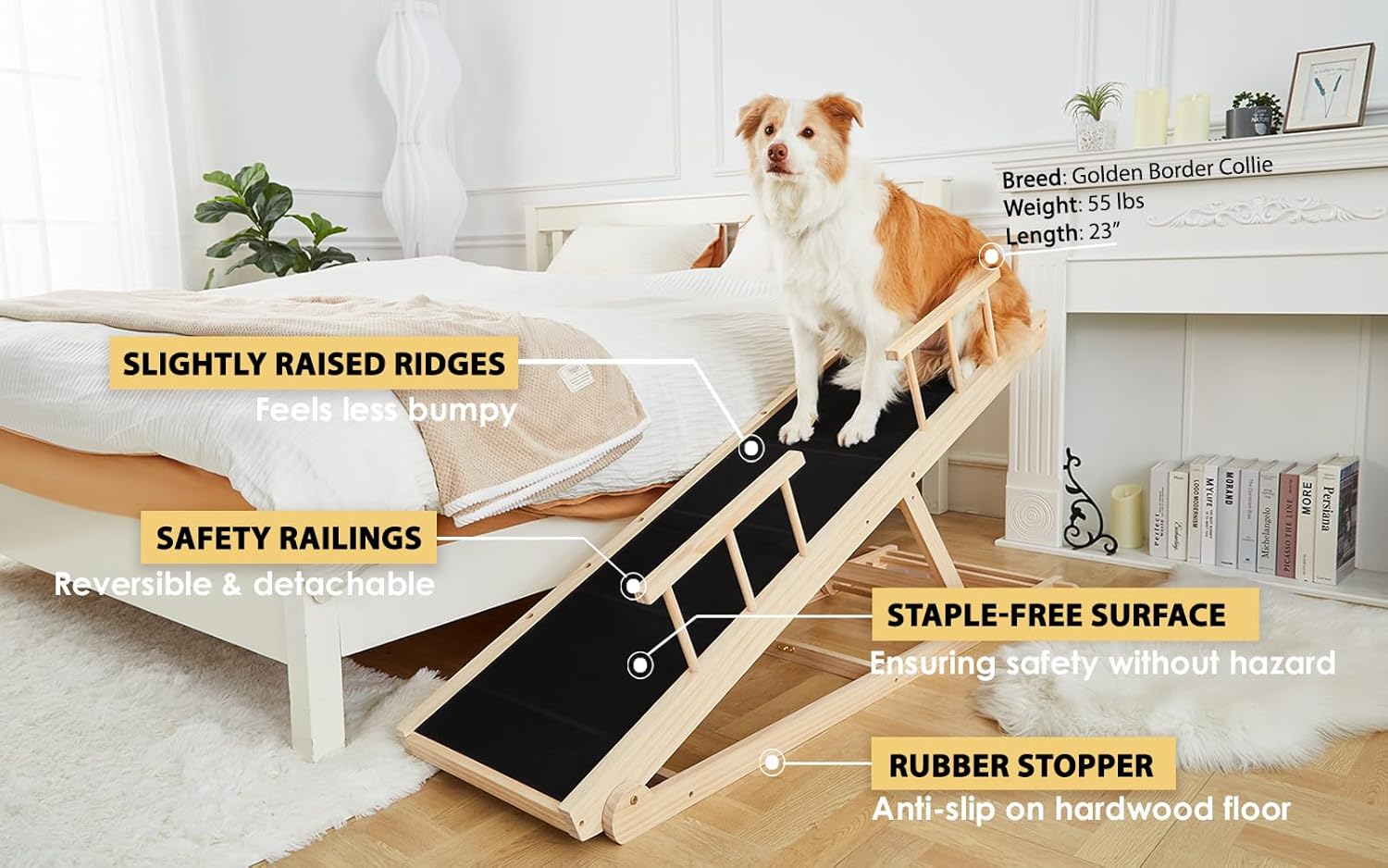 Folding Wooden Dog Ramp for Bed, Non-Slip Surface, Adjustable up to 30 Inch V7286