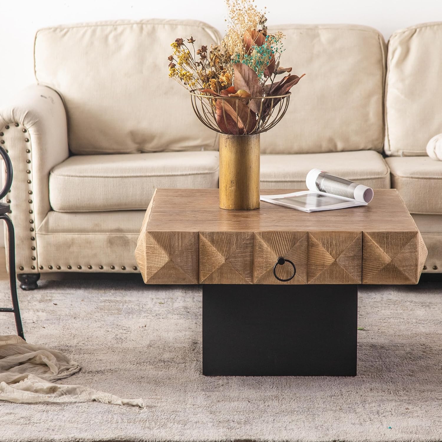 Square Coffee Table 32" Vintage Solid Wood with 2 Drawers R31230