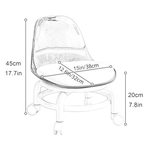 Acrylic Pulley Low Stool with Backrest, 360° Swivel Chair, Caster Wheels, Grey O5728