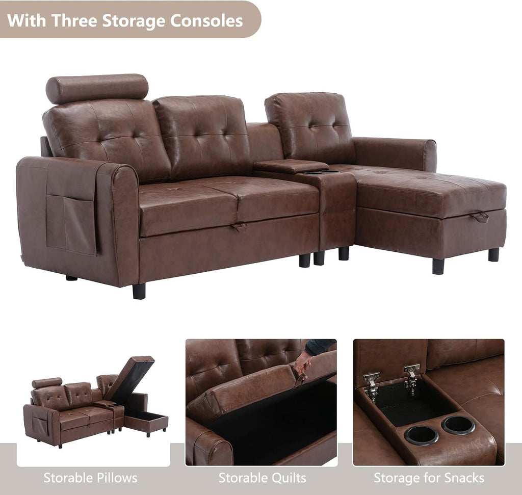 89" Sectional Storage Sofa, L Shaped Couch with Cup Holders & Adjustable Headrest, 3 Seat for Living Room C4164