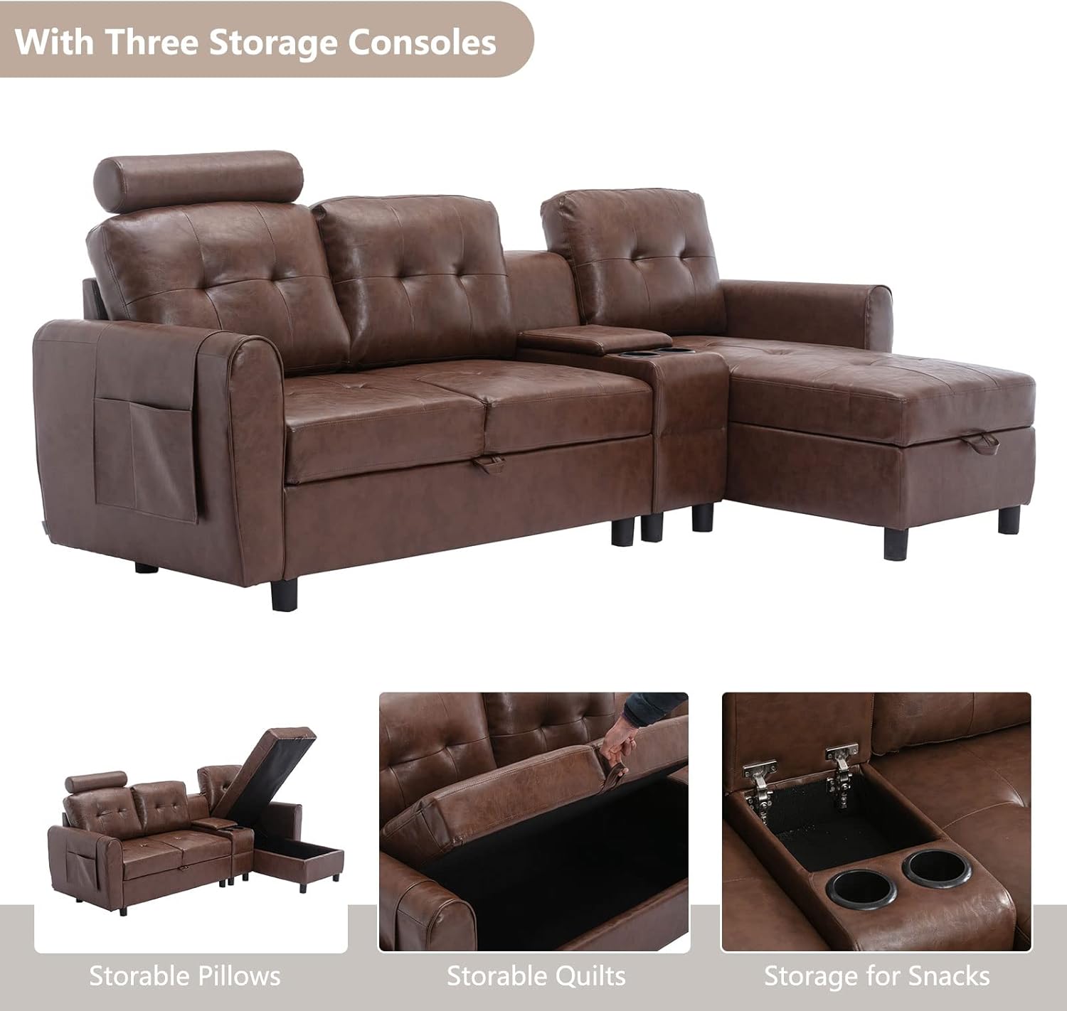 89" Sectional Storage Sofa, L Shaped Couch with Cup Holders & Adjustable Headrest, 3 Seat for Living Room C4164