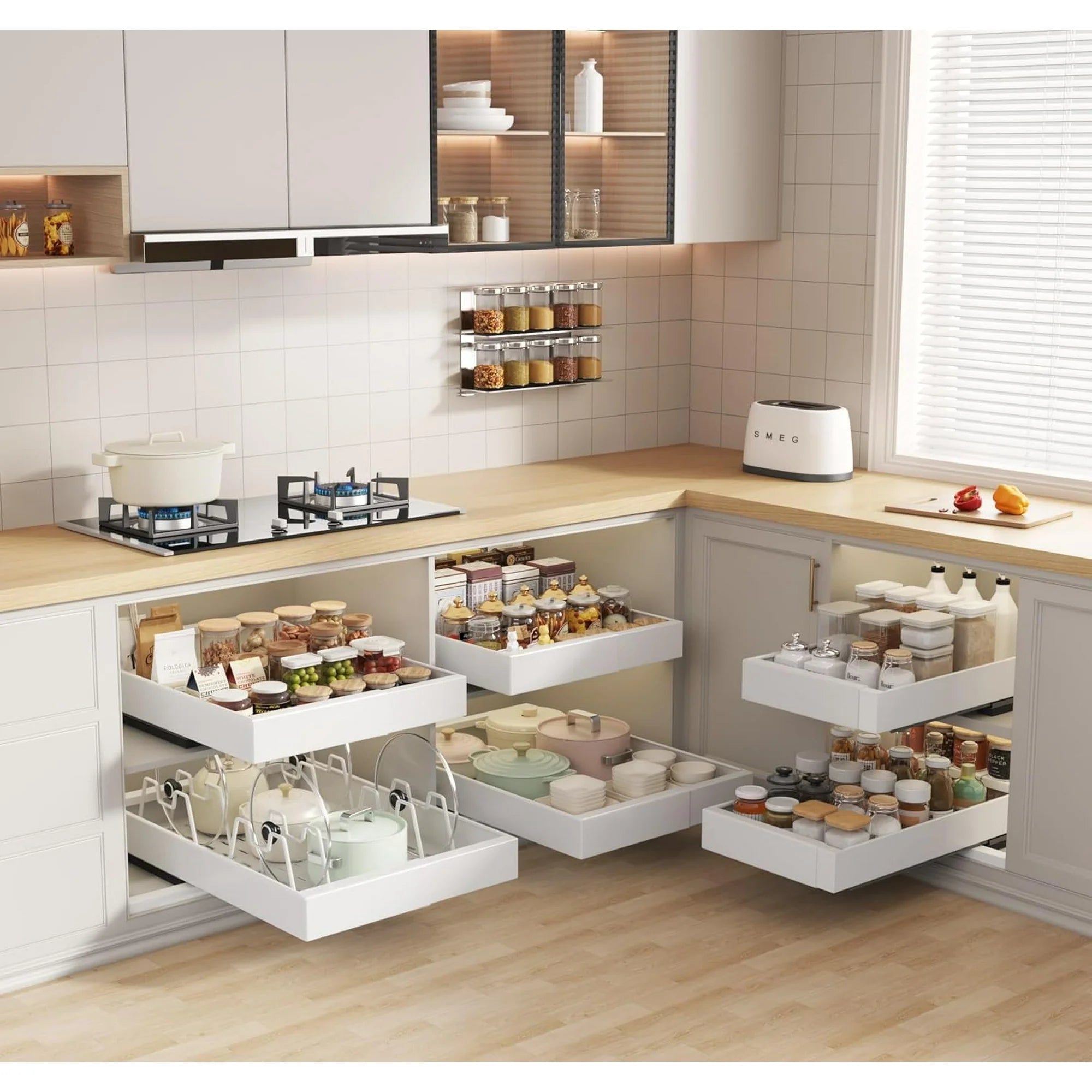Pull Out Cabinet Organizer 21D with Raising Pad, Expandable Slide Out Drawers for Kitchen Cabinets C3894
