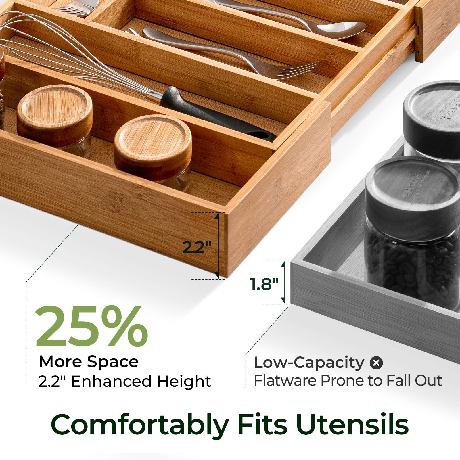 Bamboo Drawer Organizer, 10 Compartment Cutlery Tray, Brown Y669