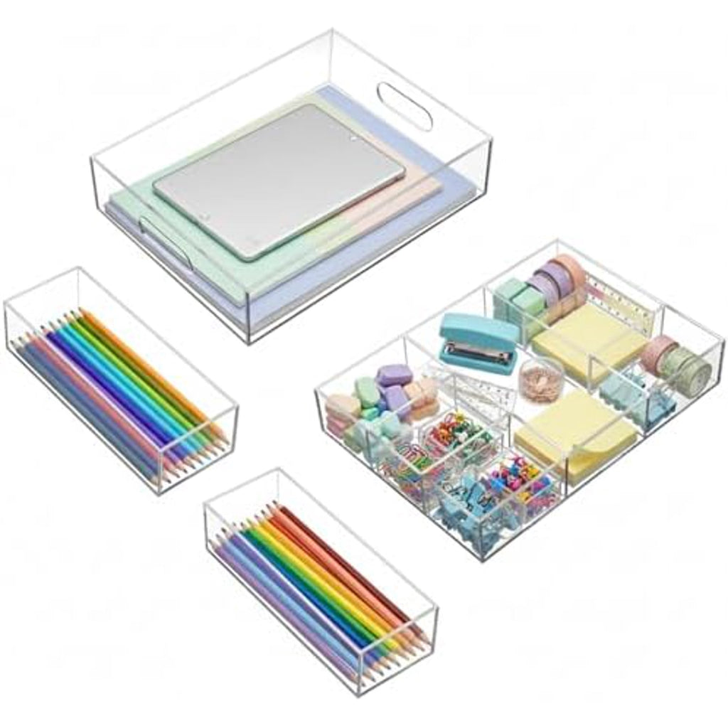 4 Pack Desk Drawer Organizer Set 3 Size Clear Acrylic Drawer Organizer Trays and Storage Dividers Office Accessories for Pen Makeup Silverware Office Bathroom$$Office
