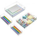 4 Pack Desk Drawer Organizer Set 3 Size Clear Acrylic Drawer Organizer Trays and Storage Dividers Office Accessories for Pen Makeup Silverware Office Bathroom$$Office
