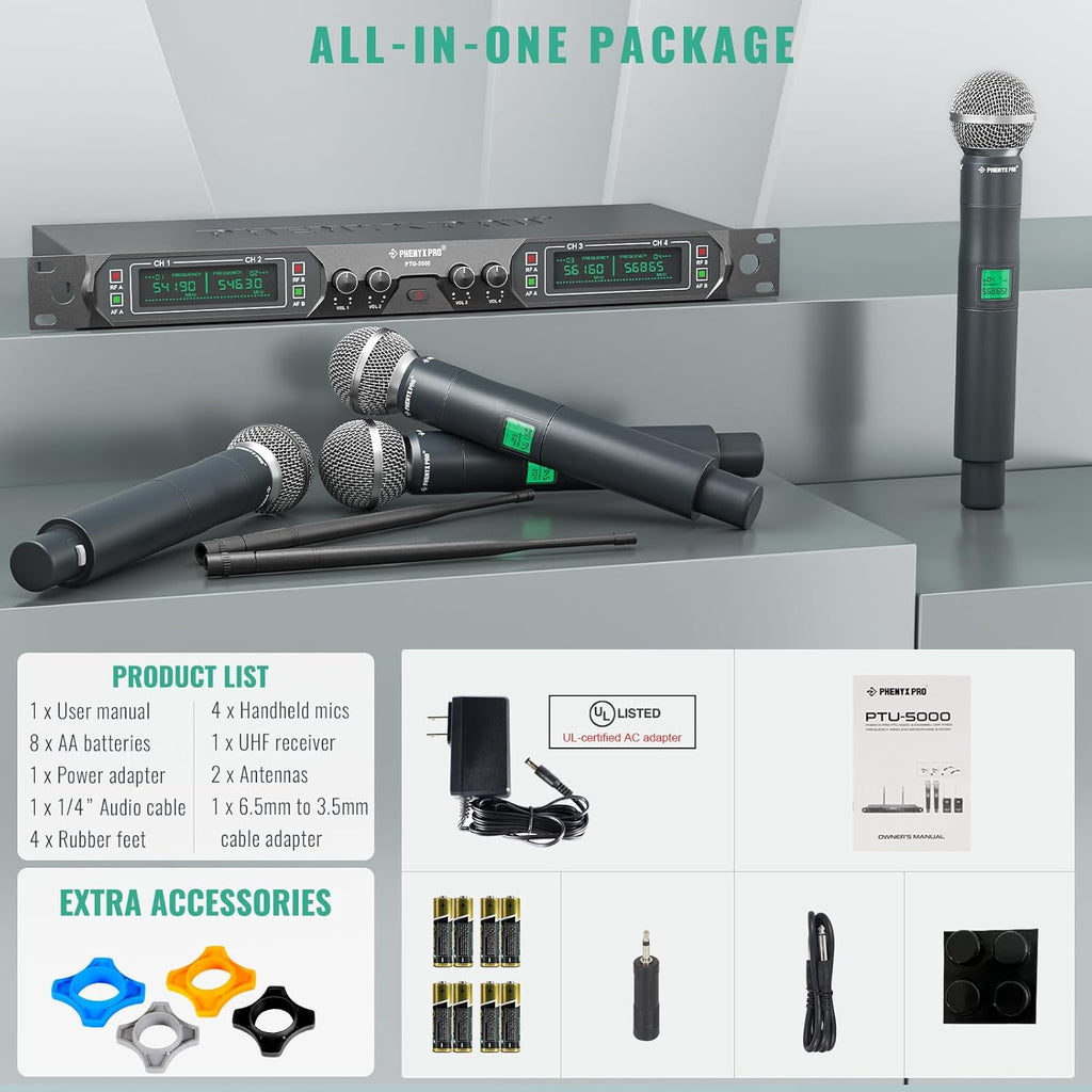Wireless Microphone System, 4-Channel UHF Metal Cordless Mic with 4 Handheld Dynamic Microphones, 260ft Range C42881