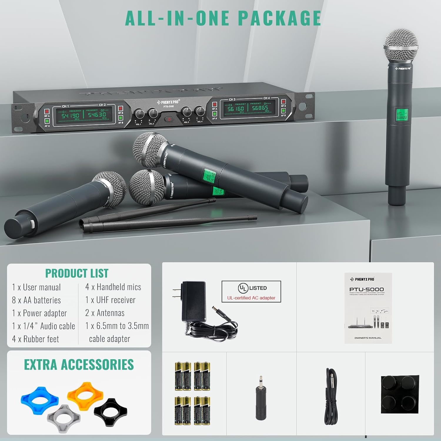 Wireless Microphone System, 4-Channel UHF Metal Cordless Mic with 4 Handheld Dynamic Microphones, 260ft Range C42881