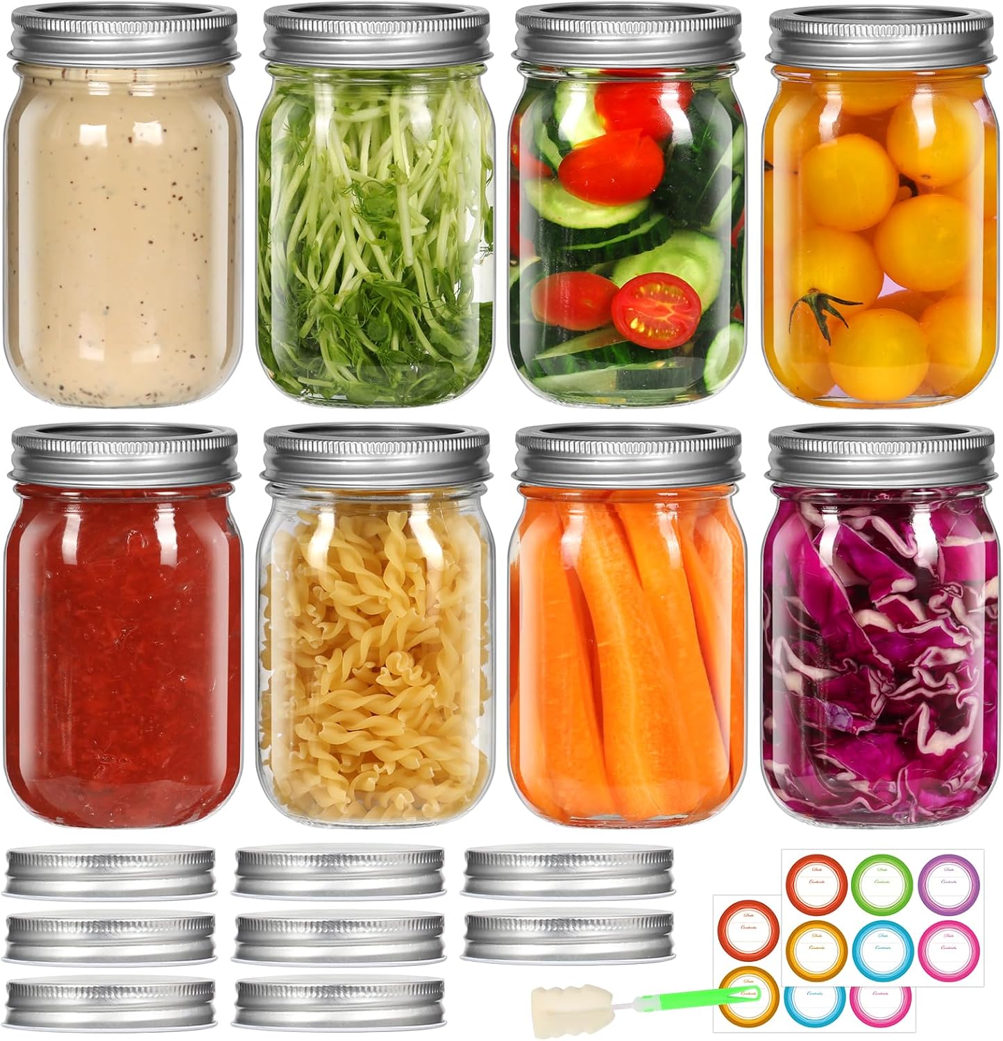12 oz Glass Regular Mouth Mason Jar with Airtight Lid, 8 Pack Canning Jars, 8 Split-Type Lids＆8 Single Lids Included, Clear Glass Jars for Canning, Meal Prep, Candies, DIY Projects