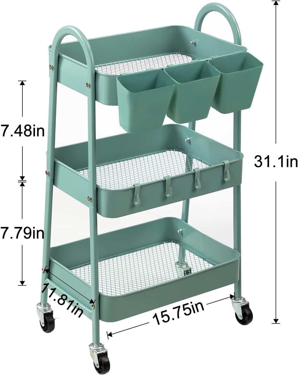 3-Tier Metal Rolling Utility Cart with Lockable Wheels and Hooks W1224