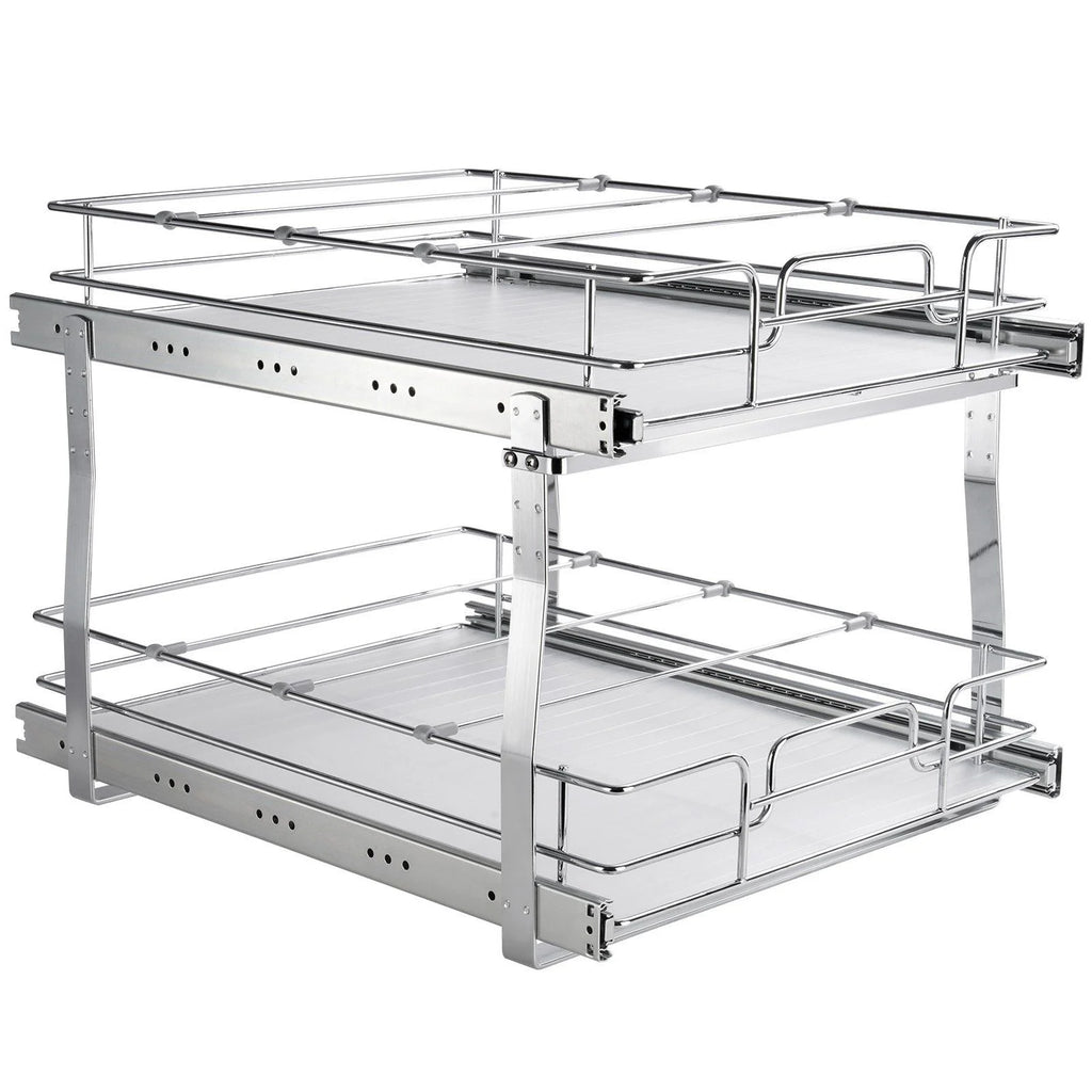 2 Tier Pull Out Cabinet Organizer, Chrome Steel Slide Out Shelves J23936