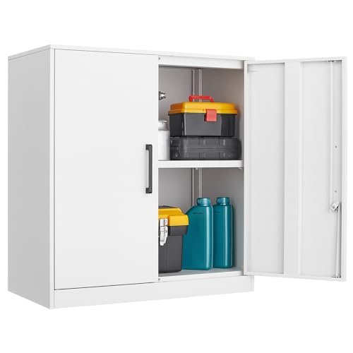 GREATMEET Metal Wall Cabinet, Wall Mount Metal Cabinet for Garage Storage, Locking Cabinet with Doors and Adjustable Shelf, Steel White Cabinet for Utility Room, Garage