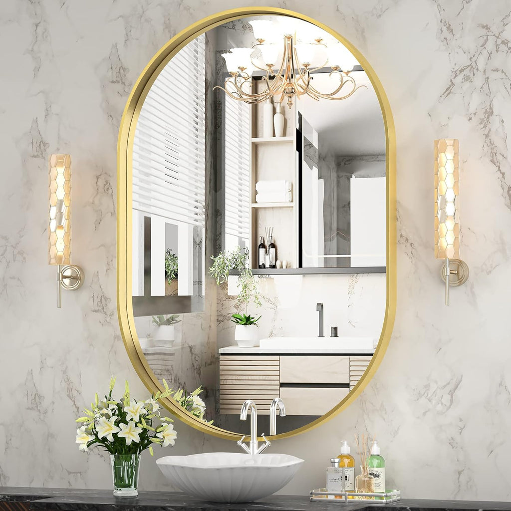 Hasipu 24×36 Inch Oval Wall Mirror for Bathroom, Gold Metal Frame Bathroom Mirrors, Wall Mounted Mirror (Horizontal/Vertical)