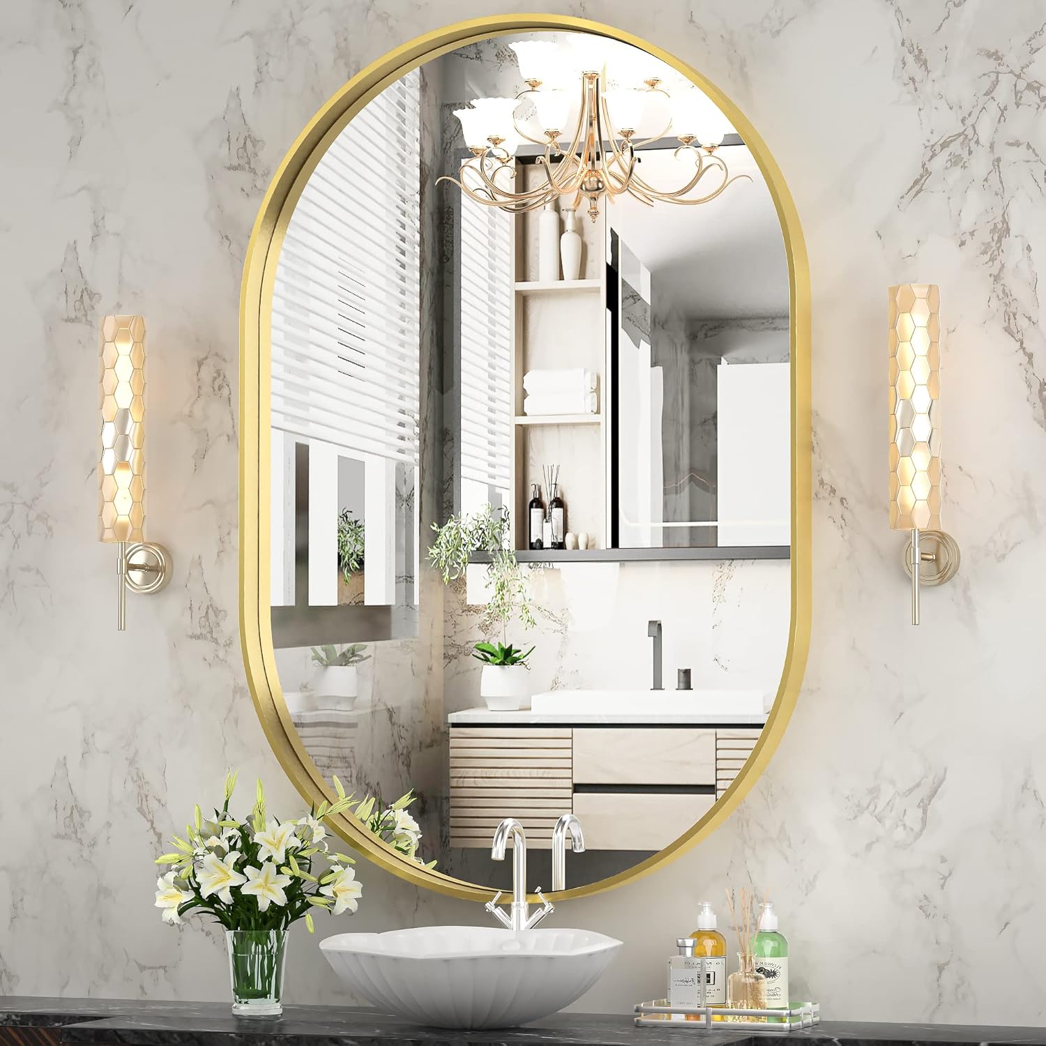 Hasipu 24×36 Inch Oval Wall Mirror for Bathroom, Gold Metal Frame Bathroom Mirrors, Wall Mounted Mirror (Horizontal/Vertical)
