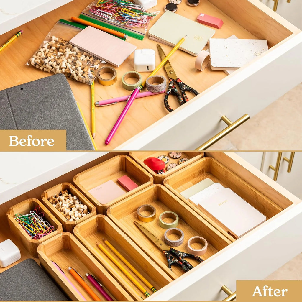 Bamboo Drawer Organizer Set for Kitchen, Bathroom, and Jewelry R926