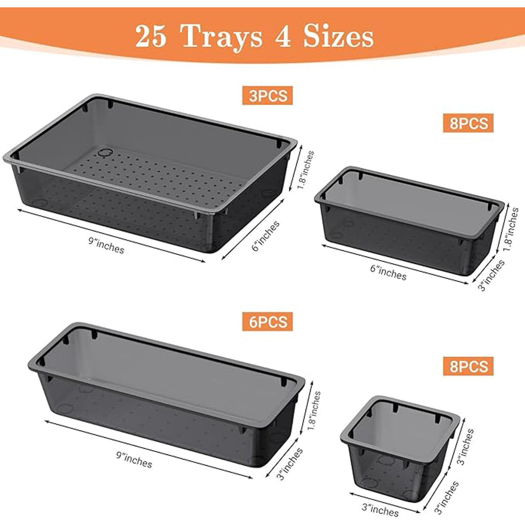 Plastic Drawer Organizer Set, 4-Size Trays & Storage Bins for Makeup, Jewelry, and Gadgets E54414