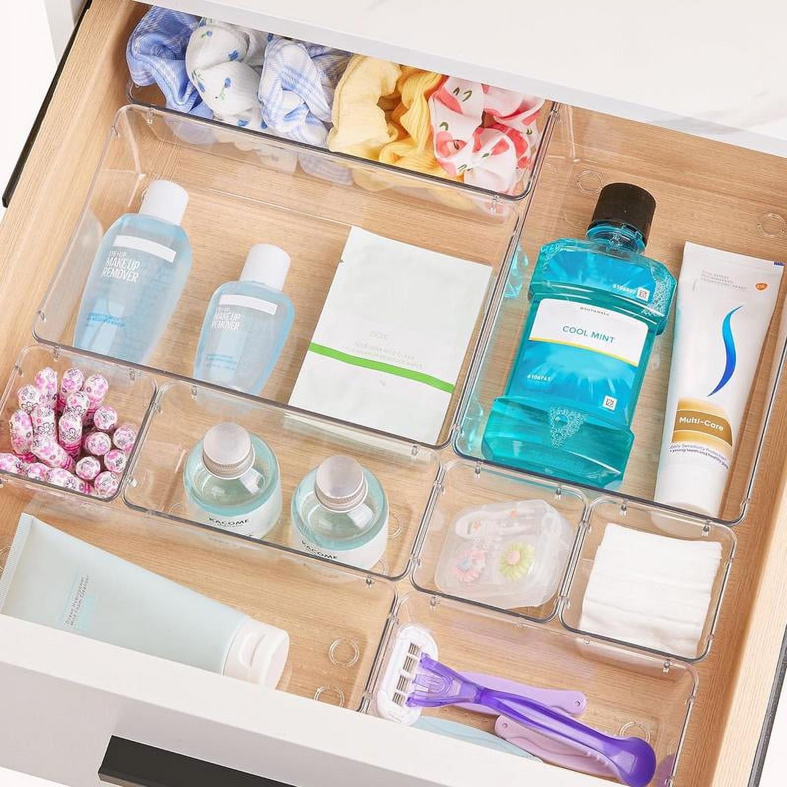 Clear Plastic Drawer Organizers Set, 4-Size Storage Trays for Makeup, Kitchen, and Office G2676