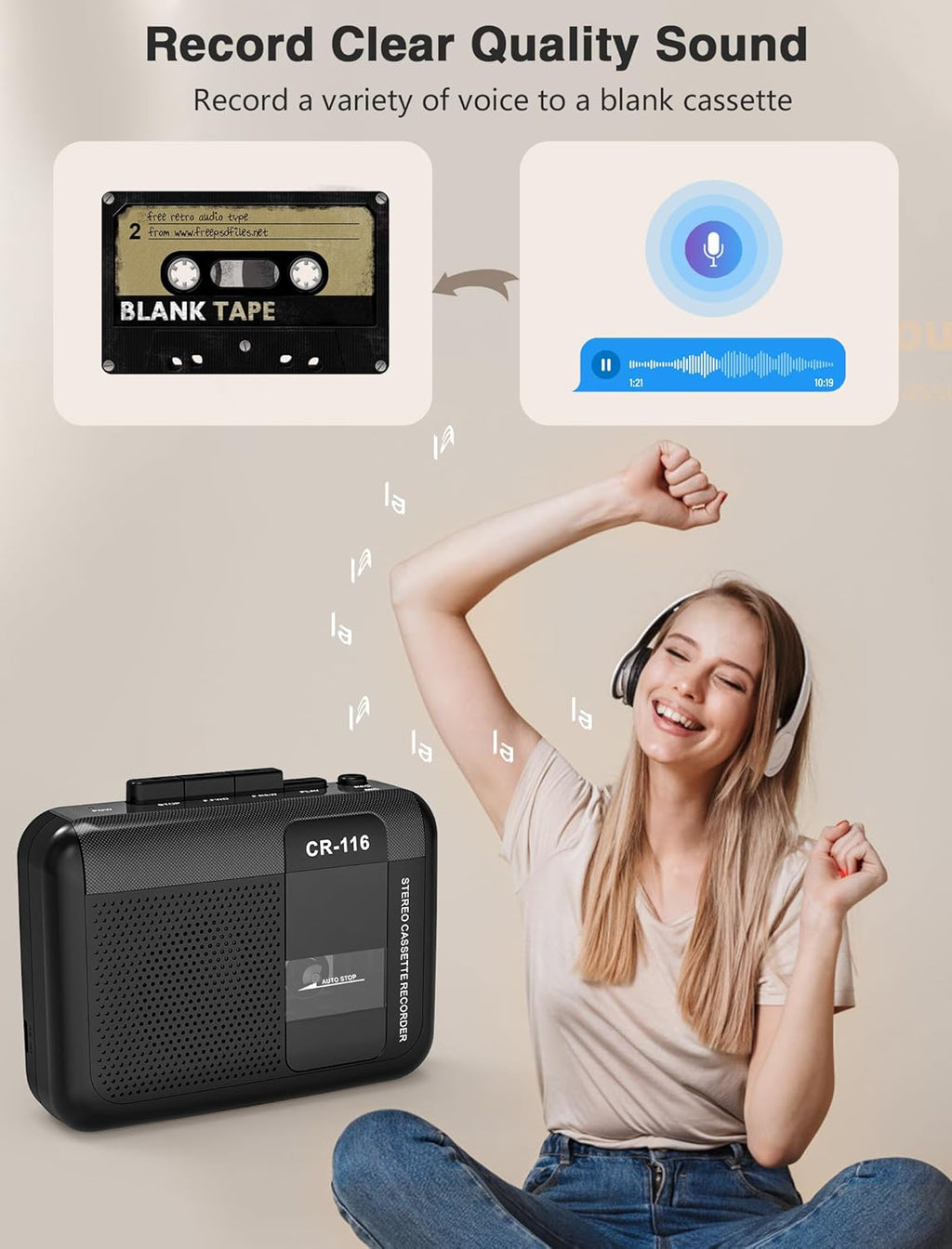 Stereo Cassette Player with Built-in Mic and Speakers V299