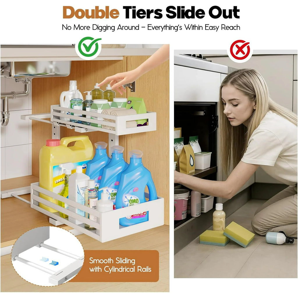 Under Sink Organizer 2-Tier Pull Out Cabinet Shelf, Adjustable Storage for Kitchen and Bathroom A14861