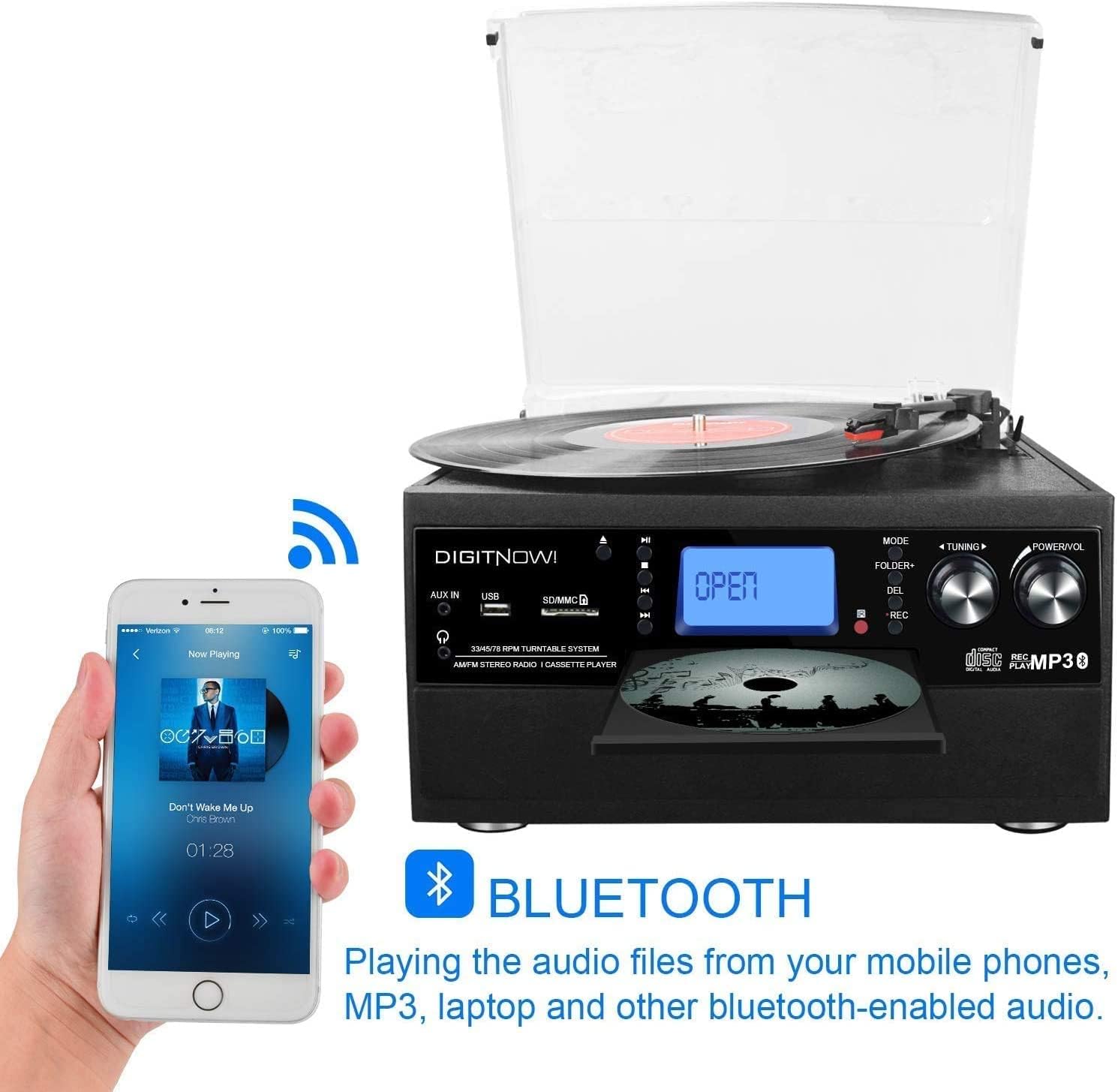 Bluetooth Record Player Turntable with Stereo Speakers, Vinyl to MP3 Converter G307