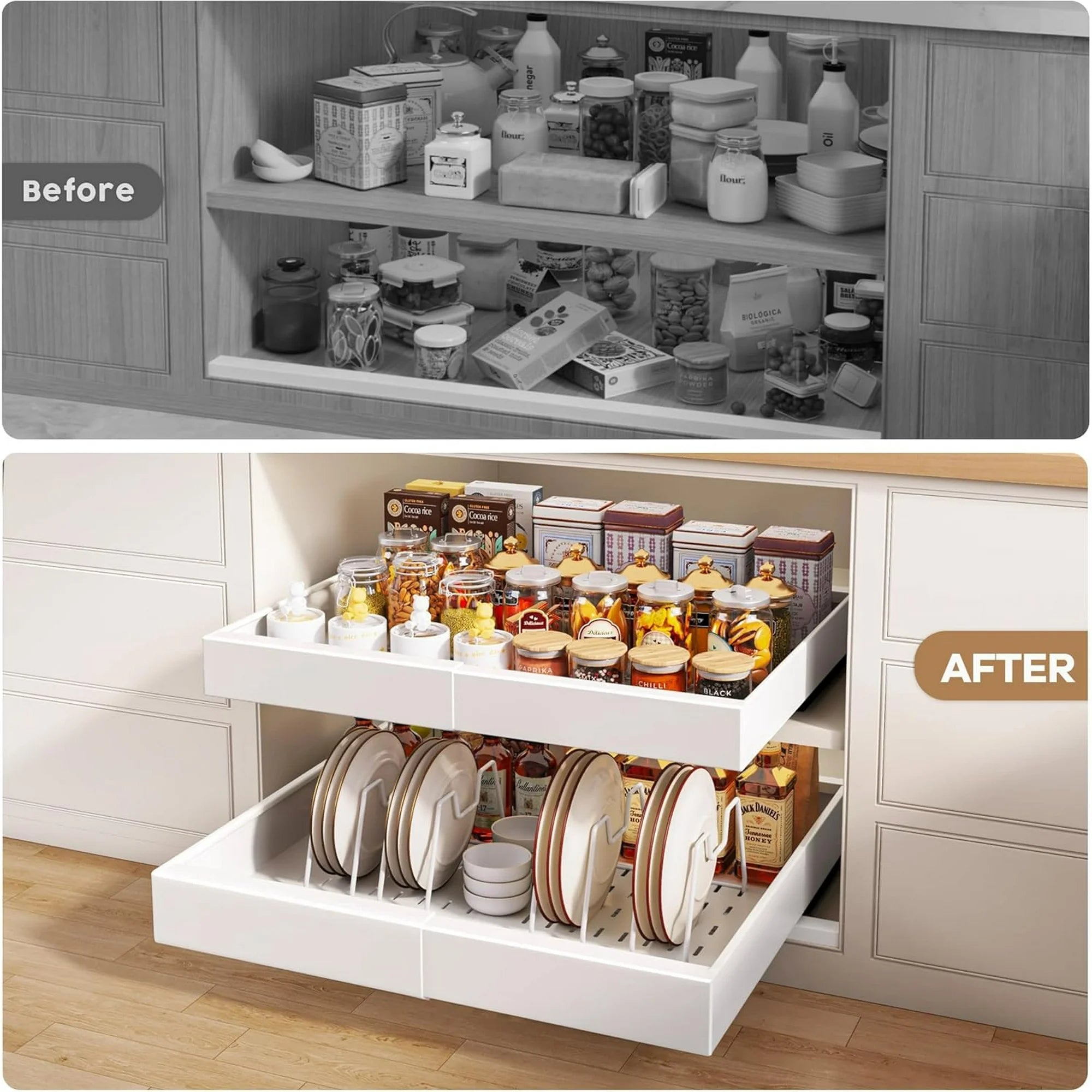Pull Out Cabinet Organizer 21D with Raising Pad, Expandable Slide Out Drawers for Kitchen Cabinets C3894