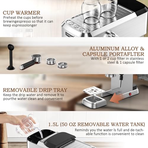 Espresso Machine, 20 Bar with Milk Frother, Compact Stainless Steel, 50oz Water Tank S2510