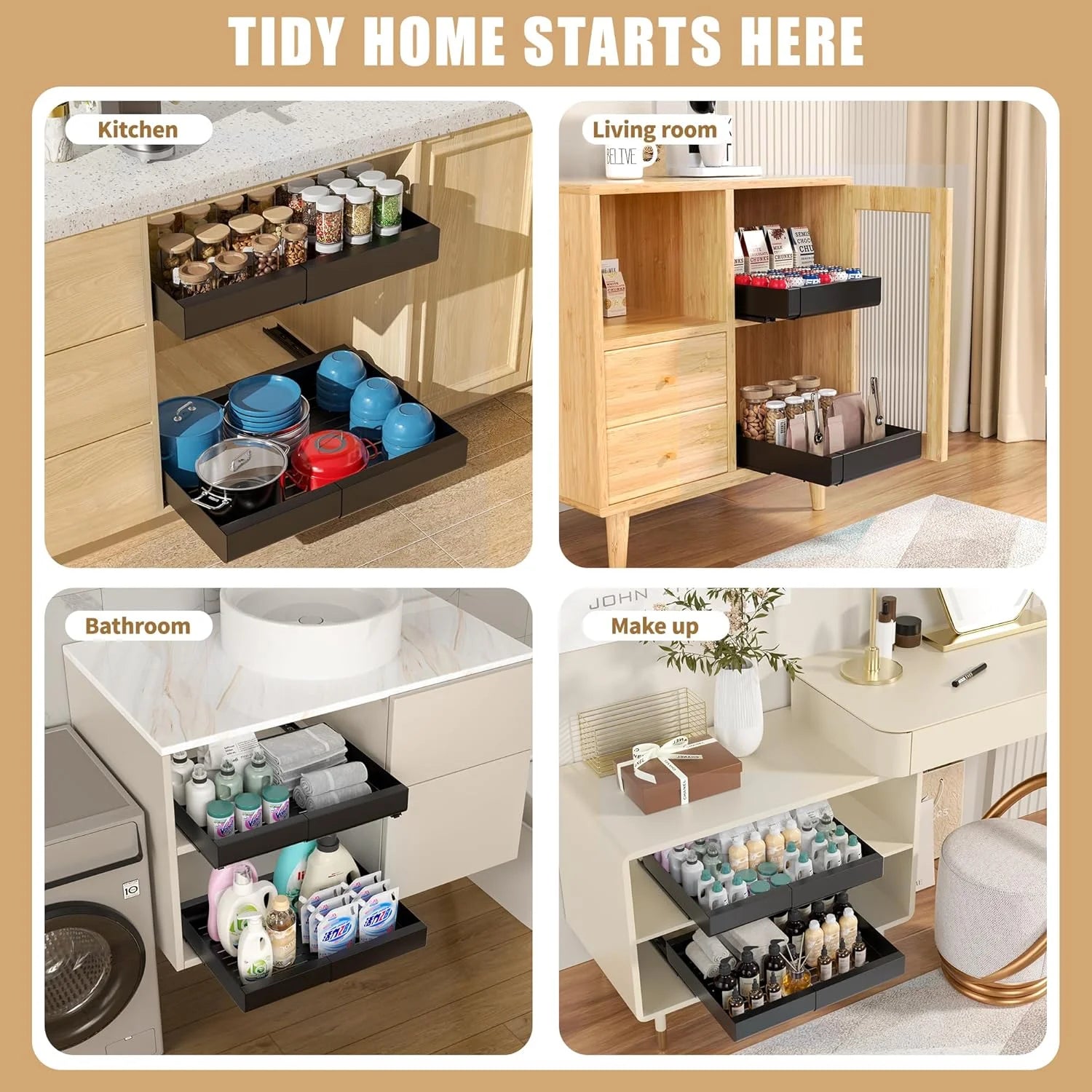 Expandable Pull Out Cabinet Organizer, Heavy Duty Slide Out Drawer N419
