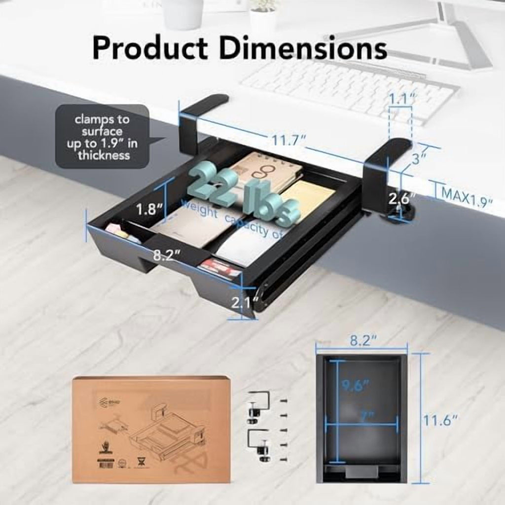 Under Desk Slide-Out Storage Drawer, Small Pull-Out Organizer with Adjustable C-Clamp Mount, Black Tray Q18935