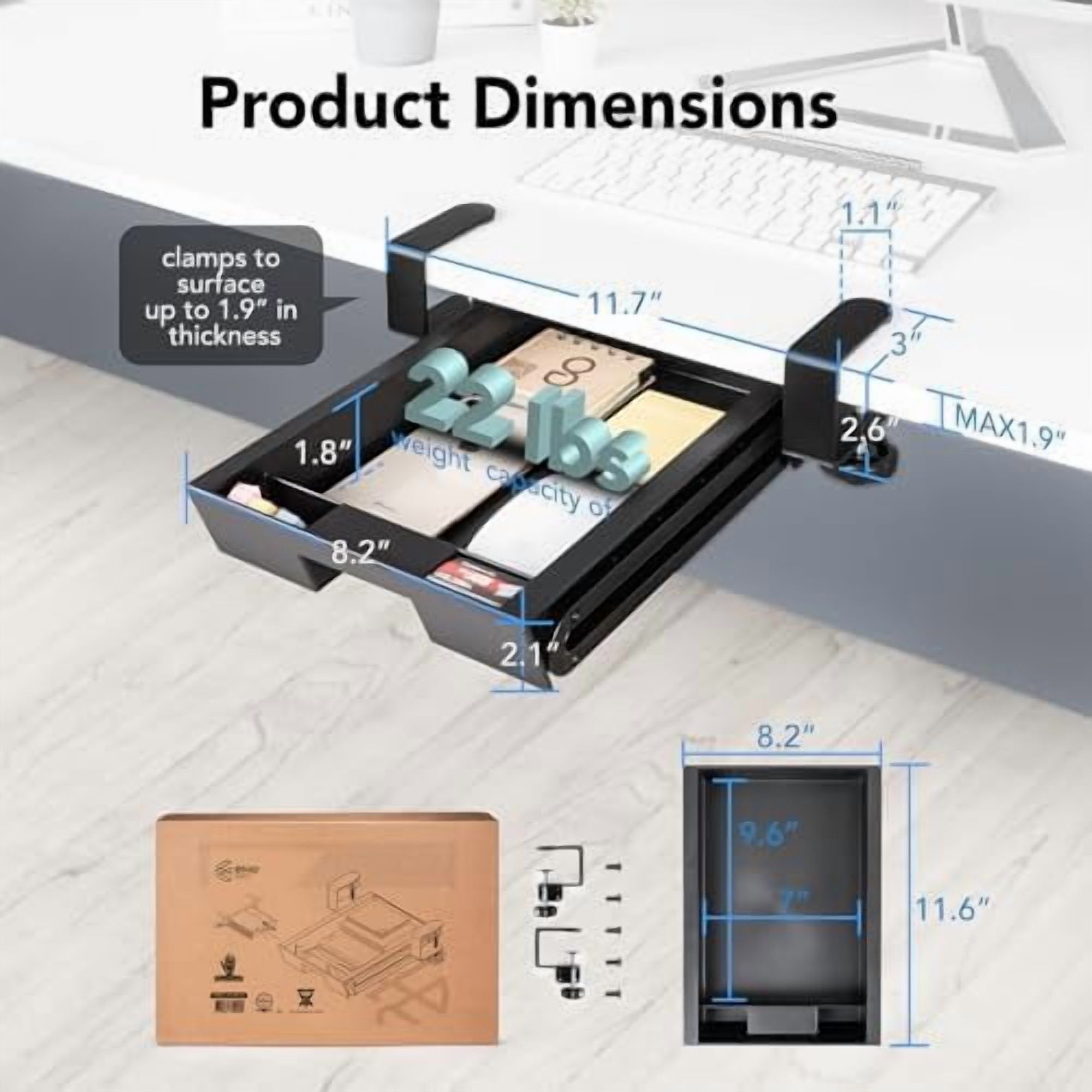 Under Desk Slide-Out Storage Drawer, Small Pull-Out Organizer with Adjustable C-Clamp Mount, Black Tray Q18935