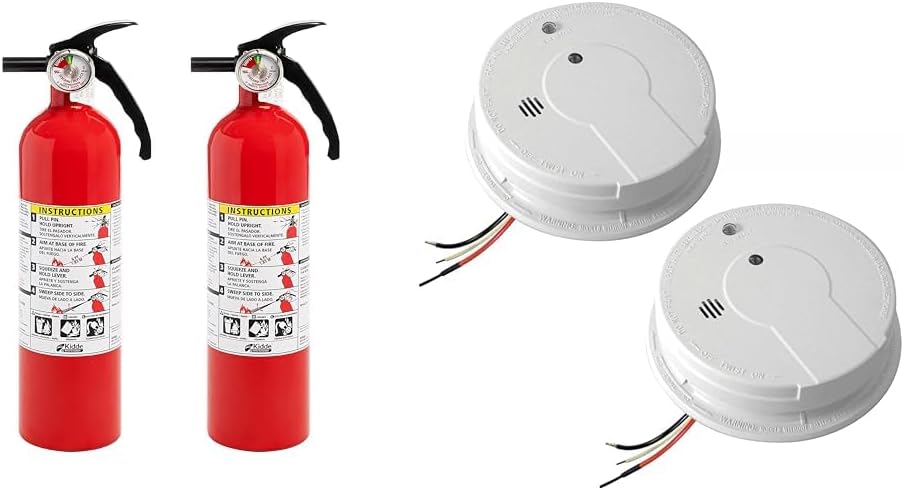 Kidde 2-Pack Fire Extinguisher and Smoke Detector Bundle with 1-A:10-B:C Dry Chemical Extinguisher, Ionization Sensor Alarm, 9V Battery Backup