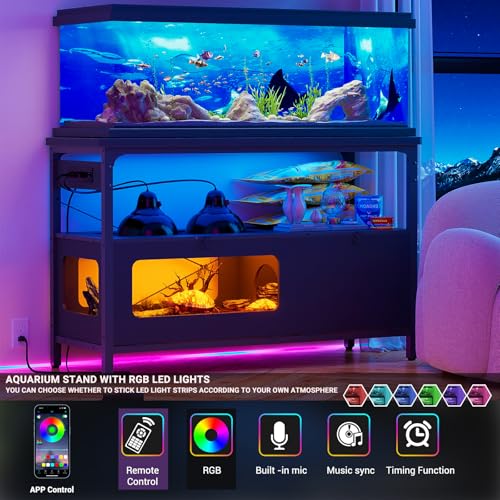 Fish Tank Stand with LED Light and Storage, Gray Oak N916