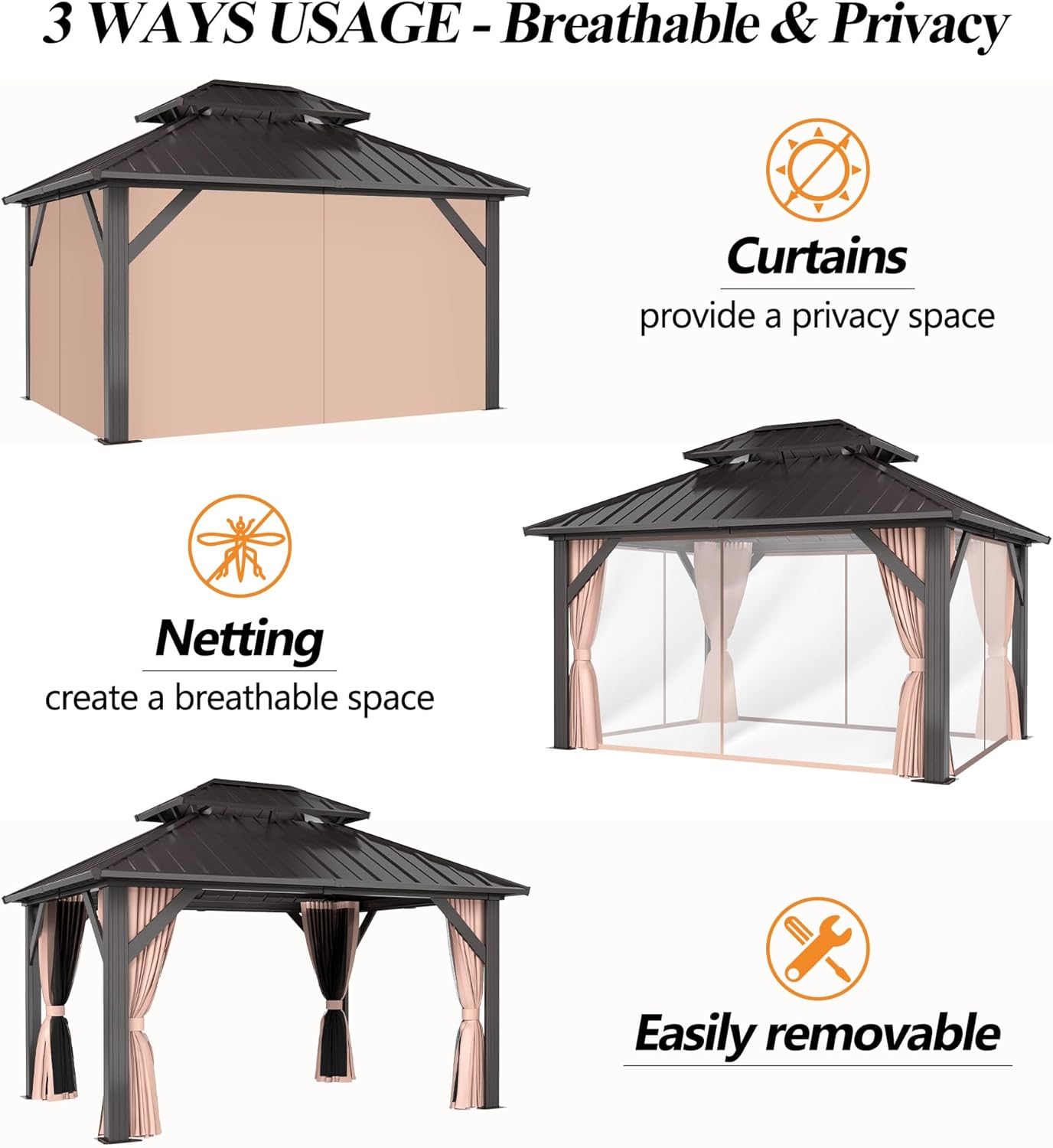 Outdoor Hardtop Gazebo with Double Roof and Netting D864