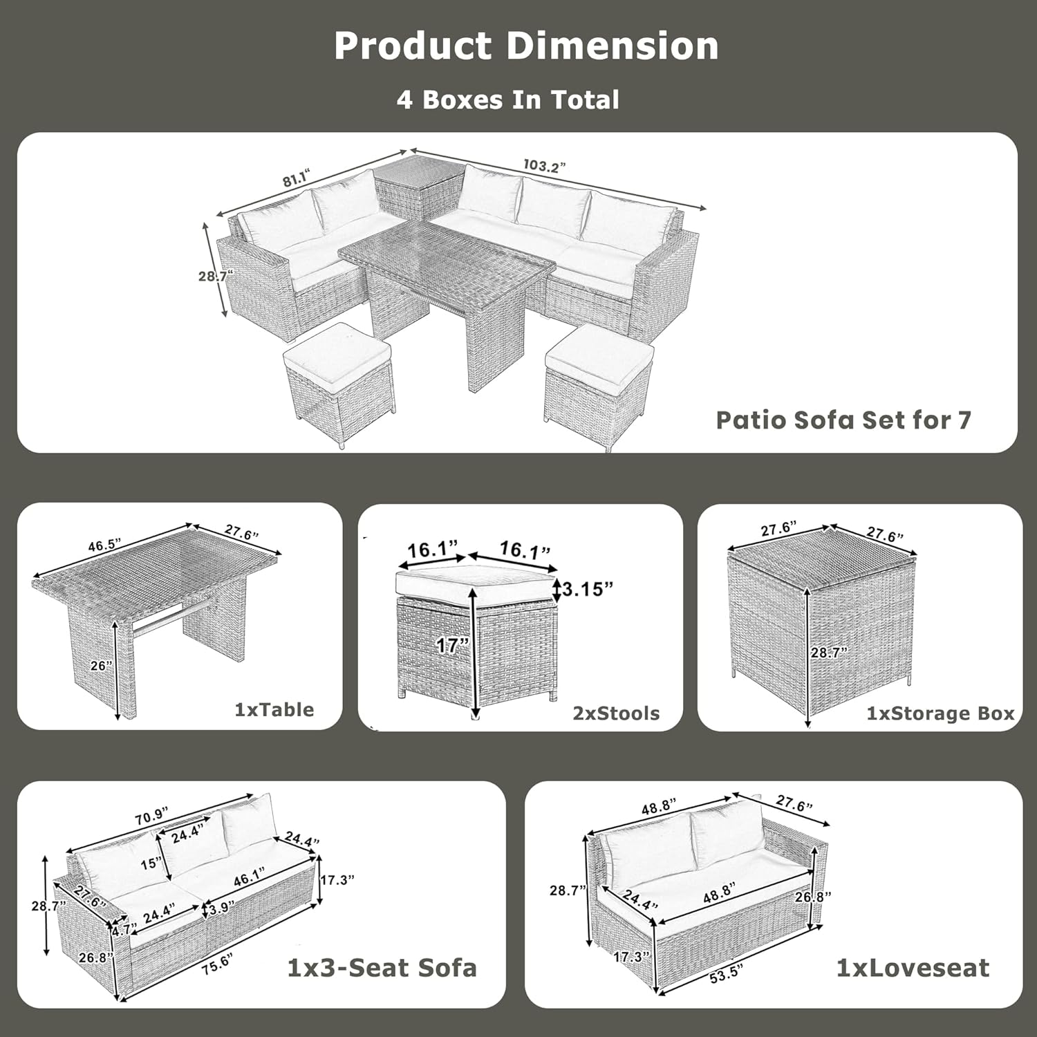 Outdoor 6-Piece PE Rattan Patio Sofa Set with Storage and Glass Table E71863