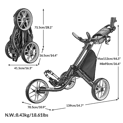 3 Wheel Golf Push Cart Foldable Lightweight with Foot Brake V7776