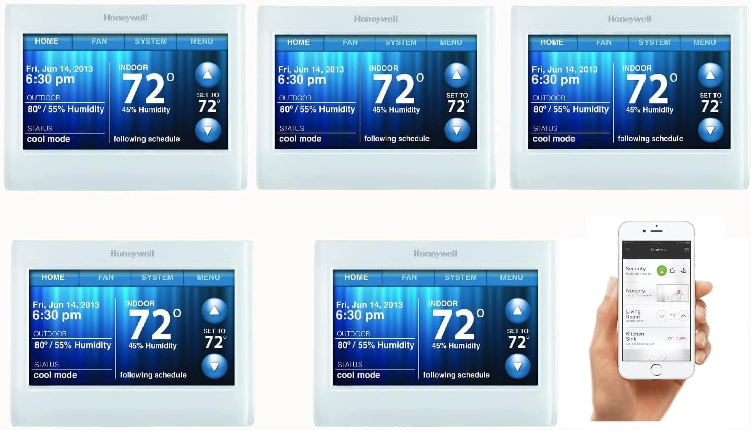 Honeywell TH9320WF5003 Wi-Fi 9000 Color Touch Screen Programmable Thermostat, White, Requires C Wire 5-pack with Extended 5-year Warranty