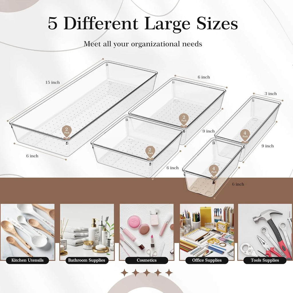 Clear Plastic Drawer Organizer Set - 14 PCS Storage Bins for Kitchen, Bathroom, Makeup and Office H497748