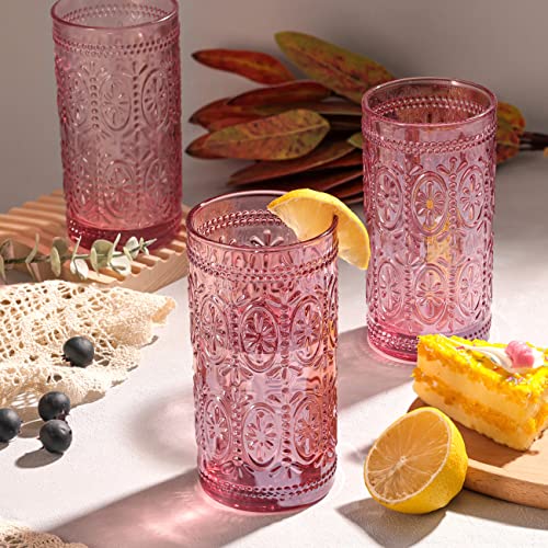 6 Pack Pink Glassware Drinking Glasses, 12oz Embossed Highball Cups Y65163