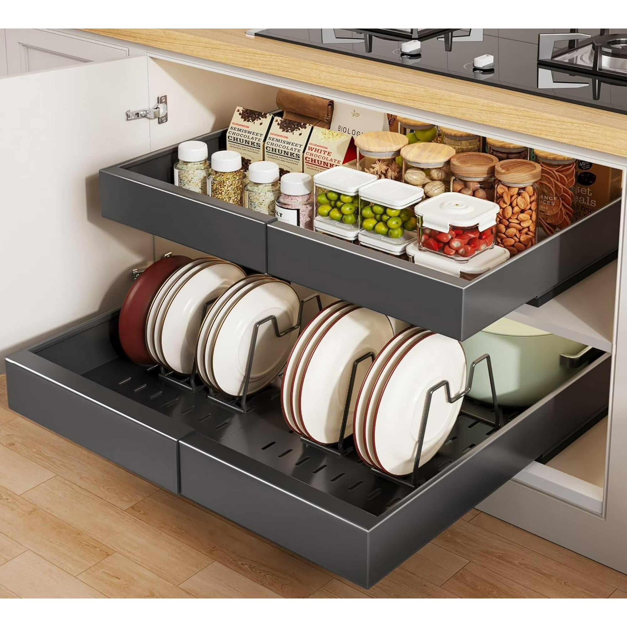 2 Pack Pull out Cabinet Organizer 21Deep With Raising Pad for Framed Cabinets, Expandable Slide out Drawers for Kitchen Cabinets with 4pcs Divider Racks, Roll out Shelves 12.1-20.4W Black