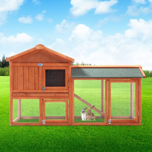 COZIWOW Fashion Durable Wooden Rabbit Hutch Indoor with Removable Tray & Ramp, Bunny Cage Outdoor, Small Animal Houses & Habitats with Waterproof Roof Rabbit Cage(Orange)