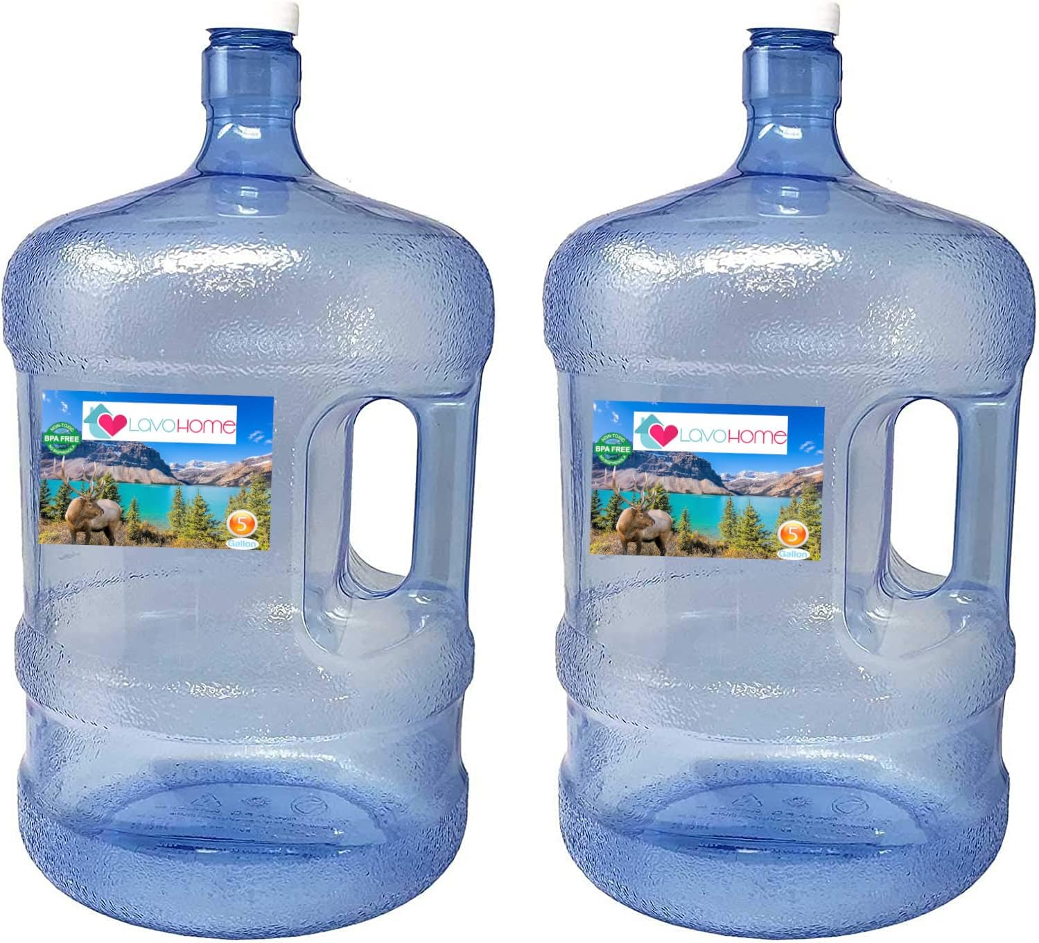 LavoHome 2 Pack 5 Gallon Plastic Water Bottle Container with Cap & Carrying Handle - BPA Food Grade For Emergency Storage