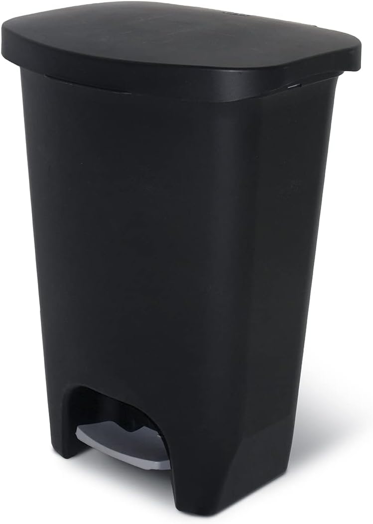Glad 13 Gallon Trash Can | Plastic Kitchen Waste Bin with Odor Protection of Lid | Hands Free with Step On Foot Pedal and Garbage Bag Rings, Matte Black