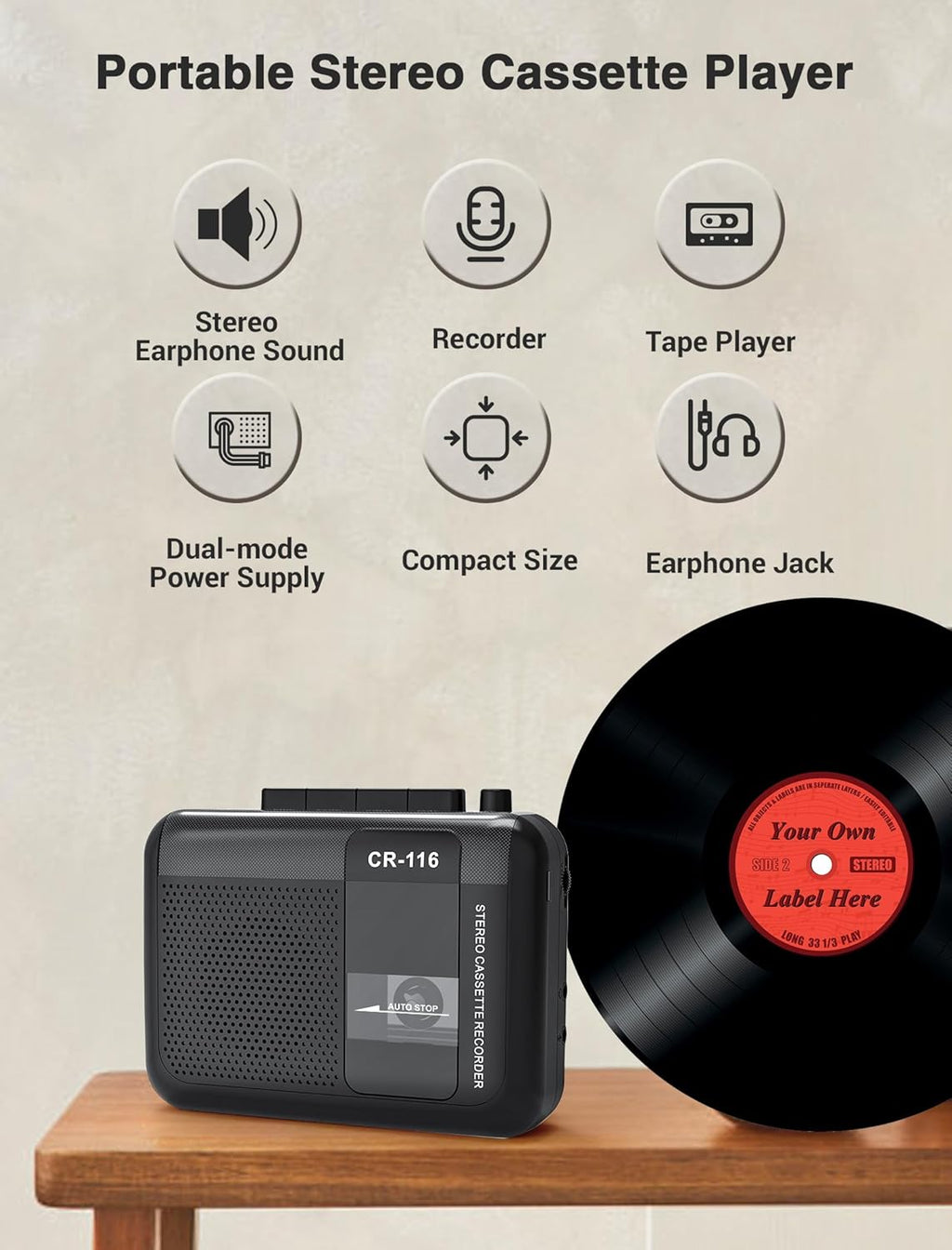 Stereo Cassette Player with Built-in Mic and Speakers V299