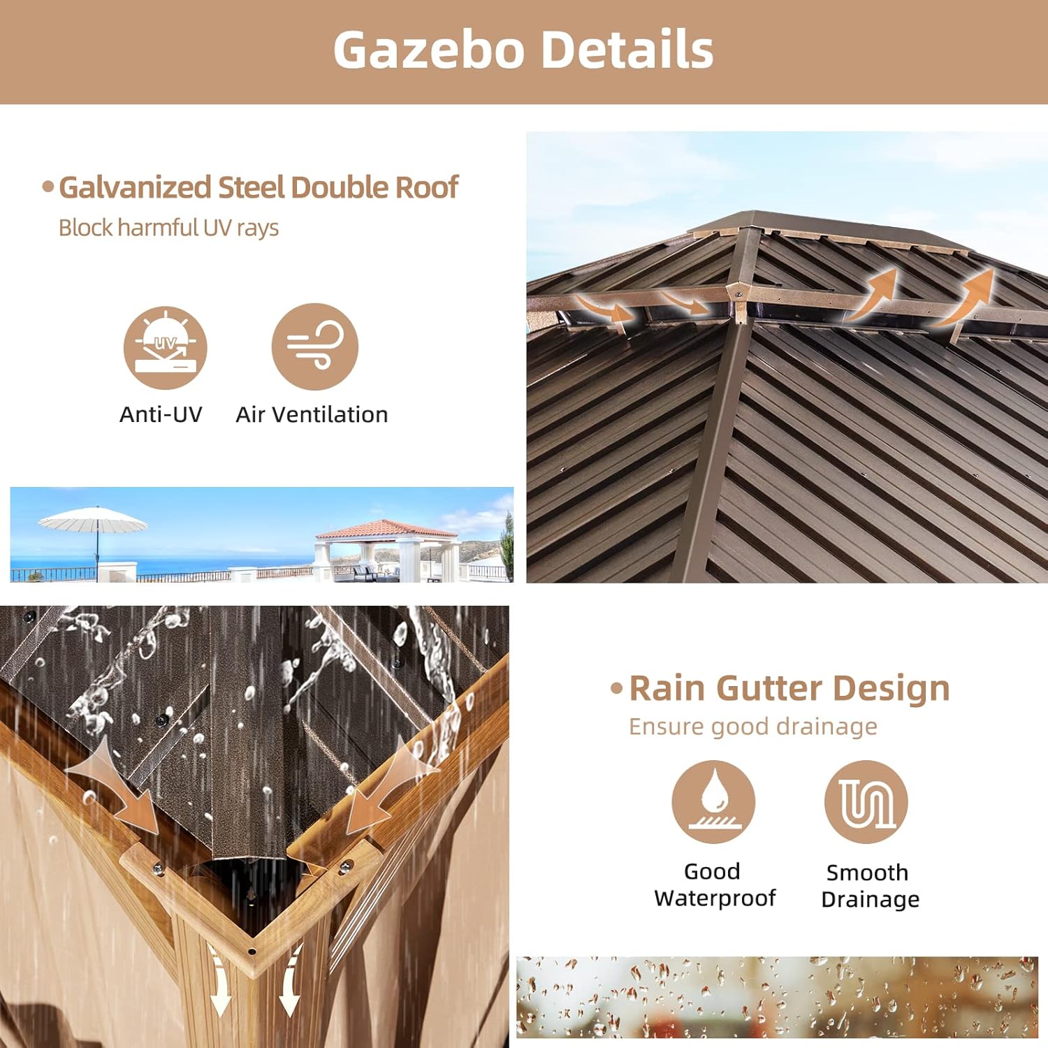 10 x 12 ft Hardtop Gazebo with Galvanized Steel Double Roof, Curtains and Netting W479989