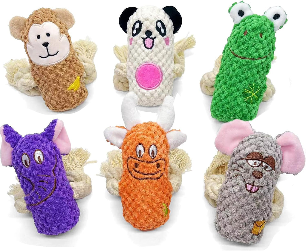 Dog Squeak Toys, No Stuffing Dog Plush Toys, Durable Cotton Rope Dog Chew Toys for Puppy and Small, Medium Dogs, 6 Pack of Cute Animal Squeak Dog Toys