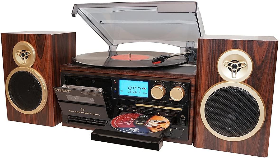 Bluetooth Record Player Turntable with AM/FM Radio, CD and Cassette Player V708
