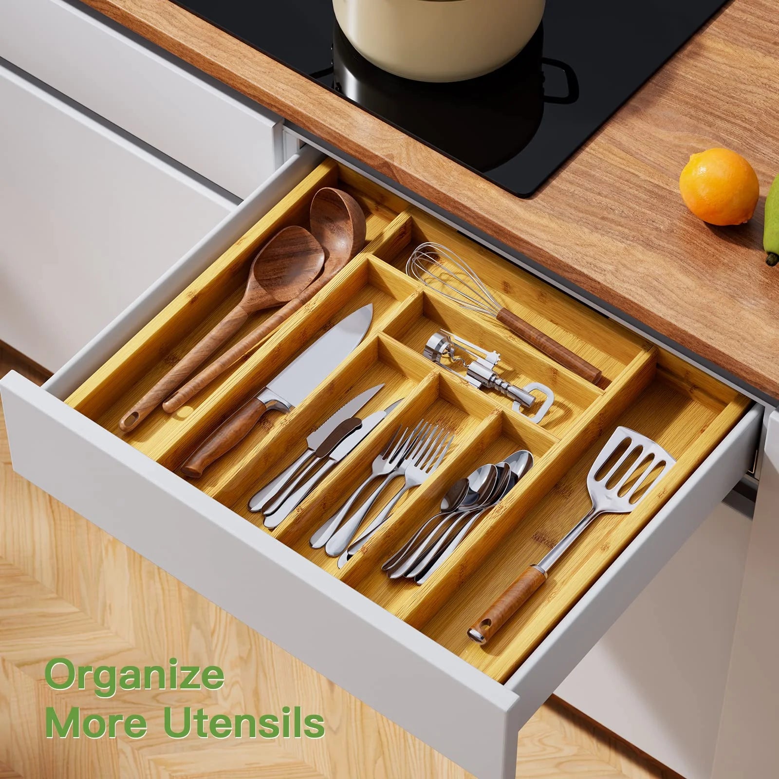 Bamboo Utensil Organizer, Expandable Cutlery Drawer Tray, Brown A1038