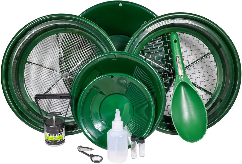 ASR Outdoor Complete Gold Panning Kit Prospecting Equipment with Classifier Screens, Dual Riffle Gold Pans, 11pc