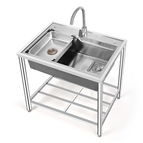 Stainless Steel Freestanding Sink,Freestanding Camping Single Bowl Sinks,Outdoor Utility Sinks,with Cold and Hot Water Pipe Faucet,for Outdoor Indoor,Garage Laundry Utility Room.