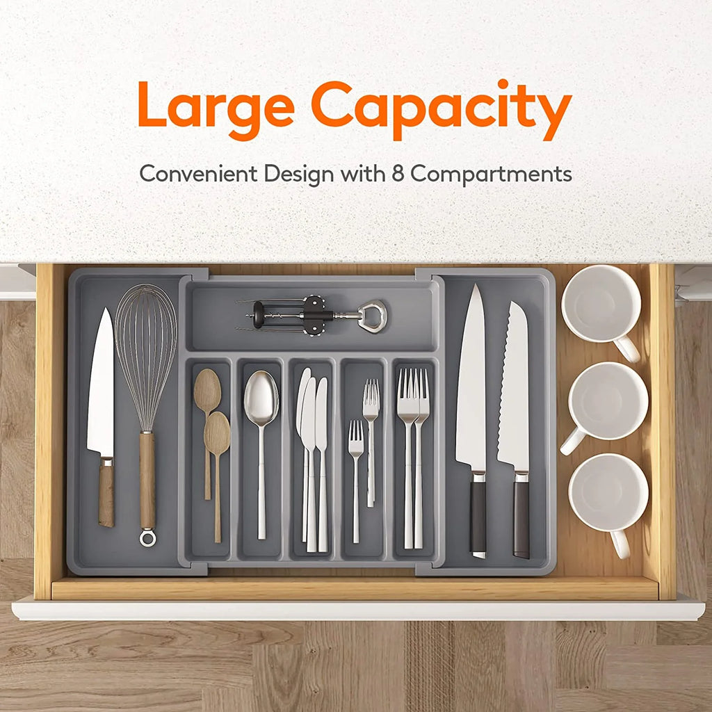 Expandable Utensil Tray for Kitchen, Adjustable Plastic Storage, Grey H767074