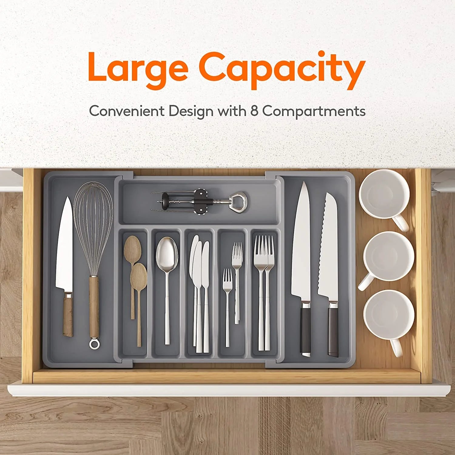Expandable Utensil Tray for Kitchen, Adjustable Plastic Storage, Grey H767074