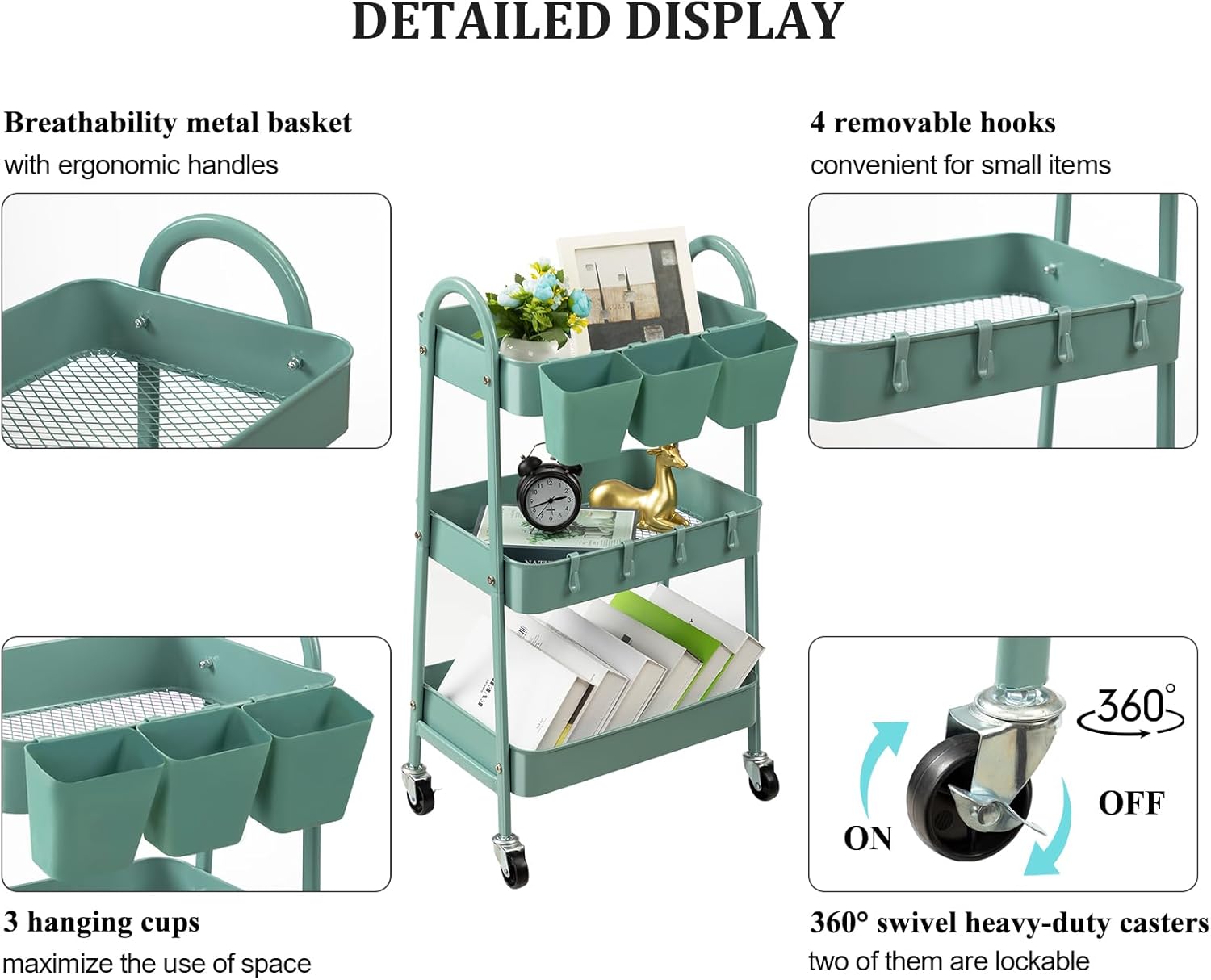 3-Tier Metal Rolling Utility Cart with Lockable Wheels and Hooks W1224